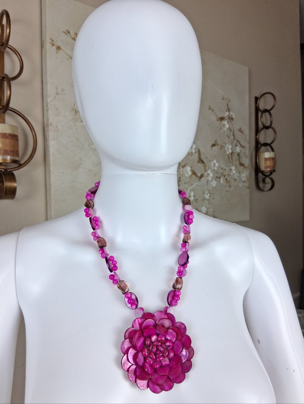 Women's Pink Floral Statement Necklace - Women Jewelry Beaded Necklaces - Picture 8 of 16